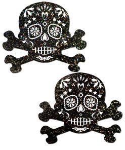 Pastease Glitter Candy Skull & Crossbones Pasties Black