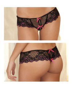 Rene Rofe Crotchless Lace Thong With Bows M/L