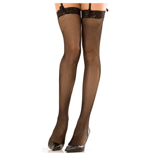 Lace Top Fishnet Thigh Highs – Black One Size by Rene Rofe