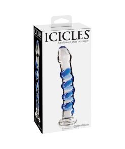 Icicles No. 5 Curved Ribbed 7 In. Glass Dildo Blue/Clear
