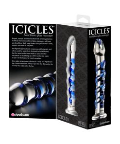Icicles No. 5 Curved Ribbed 7 In. Glass Dildo Blue/Clear