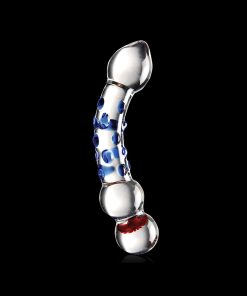 Icicles No. 18 Curved Textured 7.5 In. Glass Dildo Blue/Red/Clear