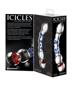 Icicles No. 18 Curved Textured 7.5 In. Glass Dildo Blue/Red/Clear
