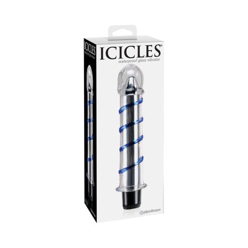 Icicles No. 20 Ribbed Vibrating 7.5 In. Glass Dildo Blue/Clear