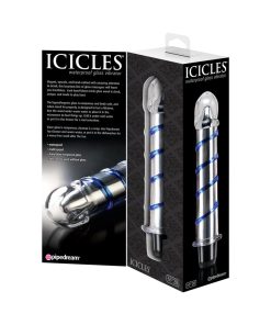 Icicles No. 20 Ribbed Vibrating 7.5 In. Glass Dildo Blue/Clear