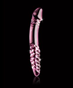 Icicles No. 57 Curved Textured 9 In. Dual-Ended Glass Dildo Pink