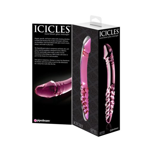 Icicles No. 57 Curved Textured 9 In. Dual-Ended Glass Dildo Pink - Image 5
