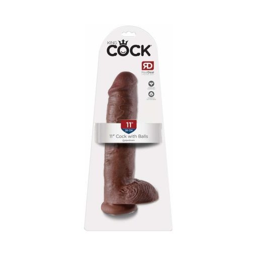 King Cock 11 In. Cock With Balls Realistic Suction Cup Dildo Brown