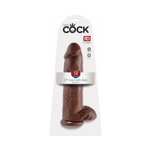 King Cock 12 In. Cock With Balls Realistic Suction Cup Dildo Brown