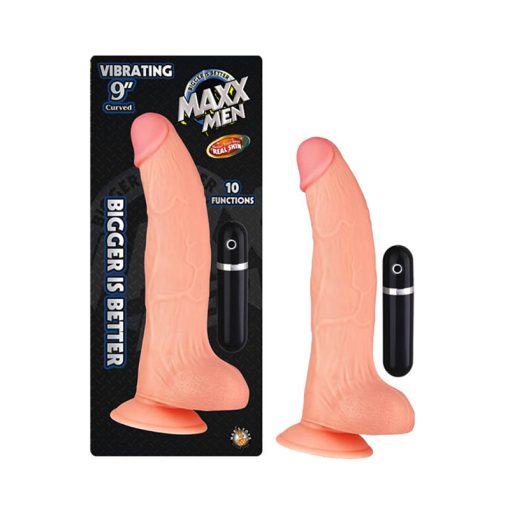 Maxx Men Vibrating 9In. Real Skin Curved Dong With Balls & Suction Cup (Ivory)
