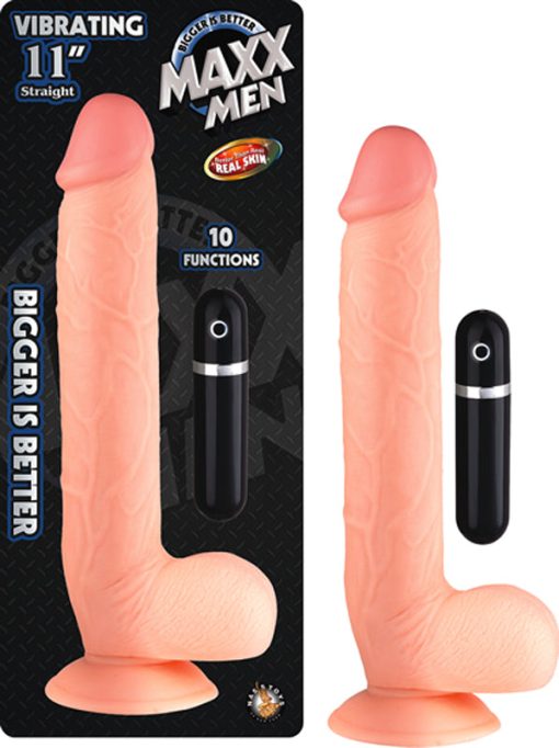 Maxx Men Vibrating 11In. Real Skin Straight Dong With Balls & Suction Cup (Ivory)