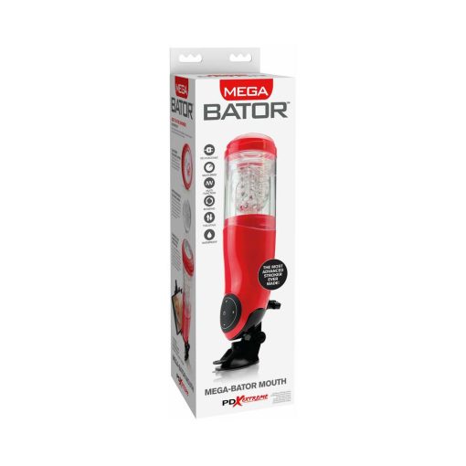 Pdx Mega-Bator Mouth Rechargeable Rotating Thrusting Stroker With Hands-Free Suction Cup Clear/Red