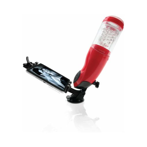 Pdx Mega-Bator Mouth Rechargeable Rotating Thrusting Stroker With Hands-Free Suction Cup Clear/Red - Image 3