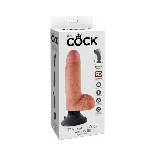 King Cock 7 In. Vibrating Cock With Balls Poseable Suction Cup Dildo Beige