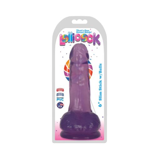 Curve Toys Lollicock Slim Stick 6 In. Dildo With Balls & Suction Cup Grape Ice