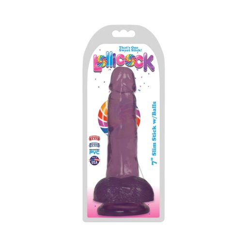 Curve Toys Lollicock Slim Stick 7 In. Dildo With Balls & Suction Cup Grape Ice