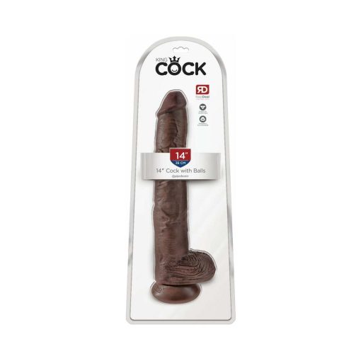 King Cock 14 In. Cock With Balls Realistic Suction Cup Dildo Brown