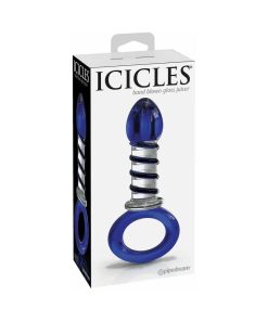 Icicles No. 81 Glass Juicer Ribbed Dildo With Handle Blue