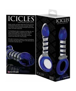 Icicles No. 81 Glass Juicer Ribbed Dildo With Handle Blue