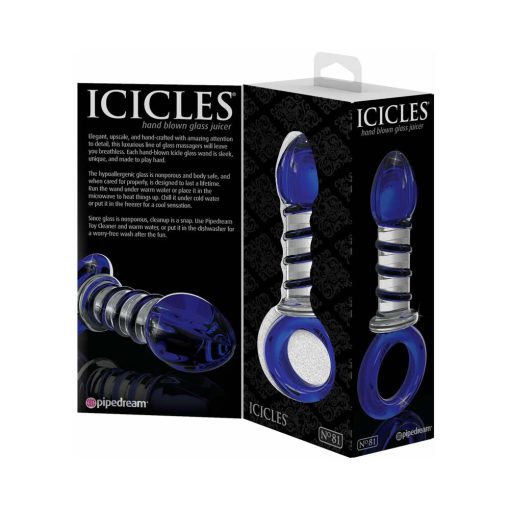 Icicles No. 81 Glass Juicer Ribbed Dildo With Handle Blue - Image 3