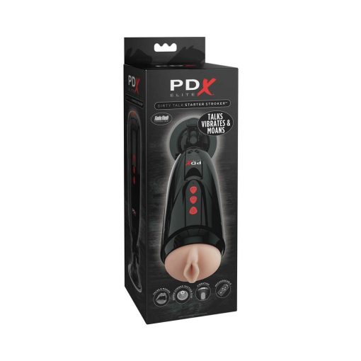 Pdx Elite Dirty Talk Rechargeable Vibrating Starter Stroker With Hands-Free Suction Cup Beige/Black