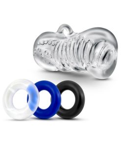 Quickie Kit Jerk Off Stroker & 3-Piece Cockring Set Clear