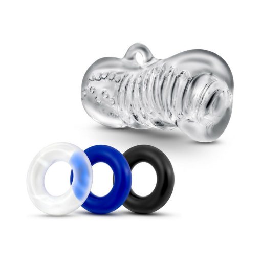 Quickie Kit Jerk Off Stroker & 3-Piece Cockring Set Clear - Image 3