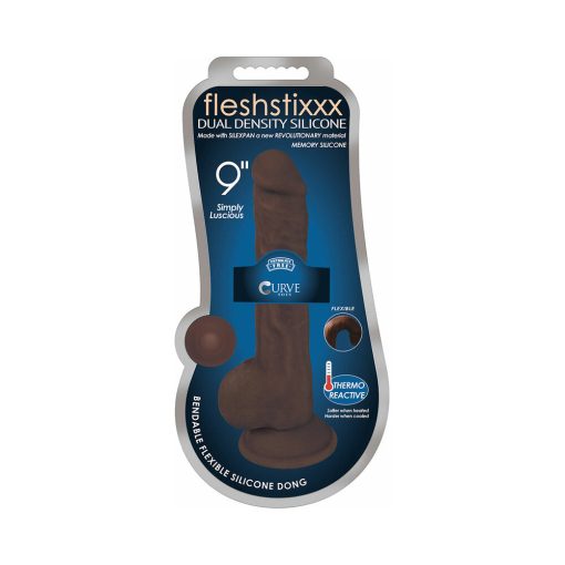 Curve Toys Fleshstixxx 9 In. Posable Dual Density Silicone Dildo With Balls & Suction Cup Brown