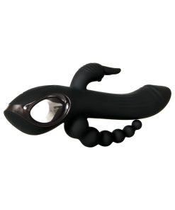 Evolved Trifecta Rechargeable Dual Entry Triple Stimulation Silicone Rabbit Vibrator Black