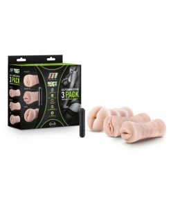 M For Men Soft + Wet Self-Lubricating 3-Pack Vibrating Stroker Sleeve Kit Beige