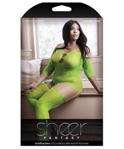 Fantasy Lingerie Sheer Stargazing Cold Shoulder Gartered Bodystocking Neon Green Queen Size