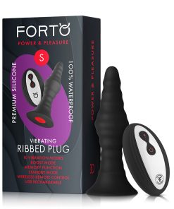 Forto Vibrating Ribbed Plug Rechargeable Remote-Controlled Silicone Anal Plug Small Black