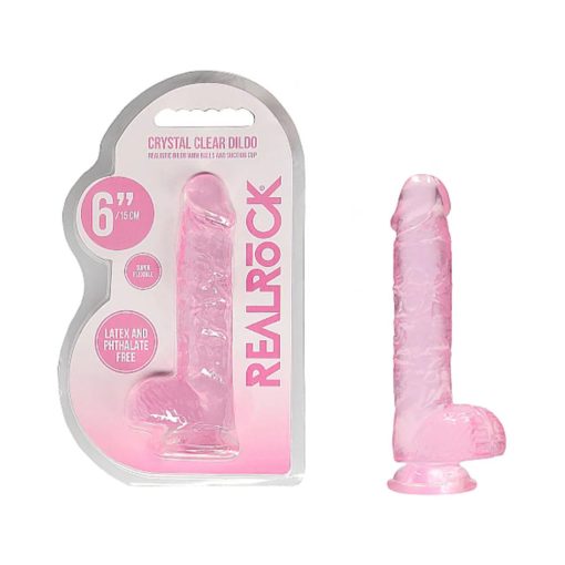 Realrock Crystal Clear Realistic 6 In. Dildo With Balls And Suction Cup Pink