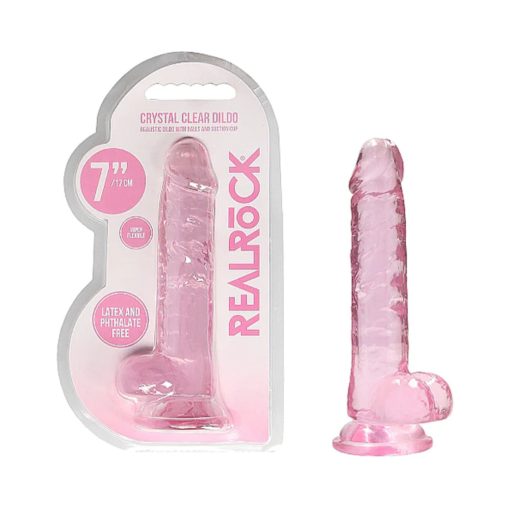 Realrock Crystal Clear Realistic 7 In. Dildo With Balls And Suction Cup Pink