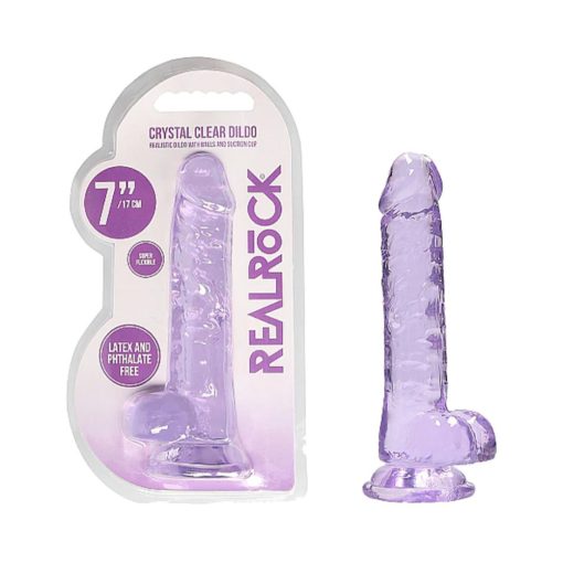 Realrock Crystal Clear Realistic 7 In. Dildo With Balls And Suction Cup Purple