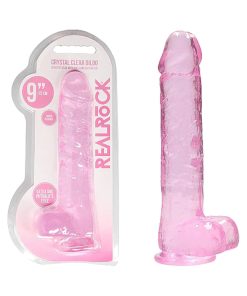 Realrock Crystal Clear Realistic 9 In. Dildo With Balls And Suction Cup Pink