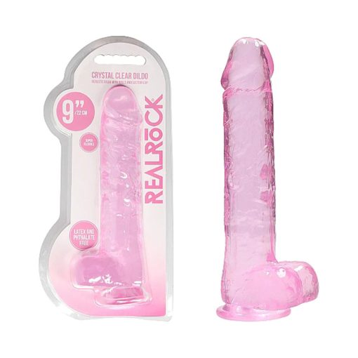 Realrock Crystal Clear Realistic 9 In. Dildo With Balls And Suction Cup Pink