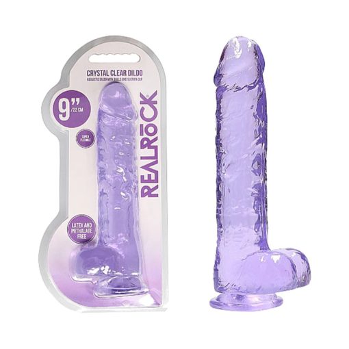 Realrock Crystal Clear Realistic 9 In. Dildo With Balls And Suction Cup Purple
