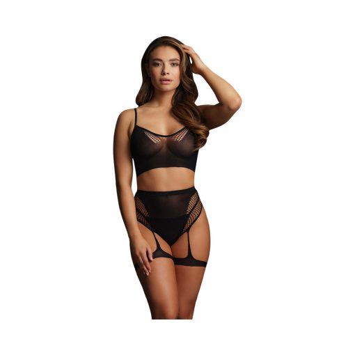 Le Desir Bliss 2-Piece Fishnet Bra & Gartered Panty Set Black O/S - Image 2