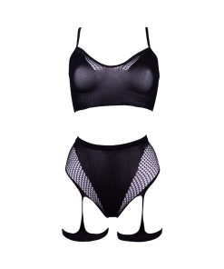 Le Desir Bliss 2-Piece Fishnet Bra & Gartered Panty Set Black O/S