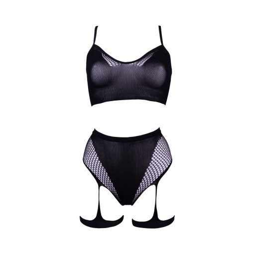 Le Desir Bliss 2-Piece Fishnet Bra & Gartered Panty Set Black O/S - Image 6