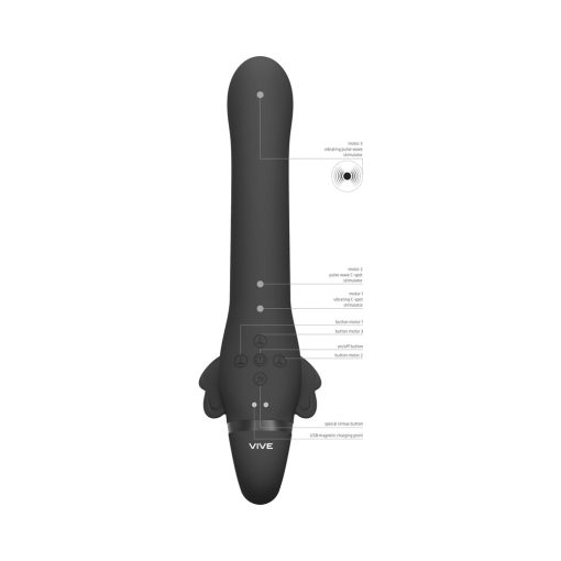 Vive Satu Rechargeable Triple Motor Pulse-Wave Vibrating Silicone Strapless Strap-On Black - Image 6