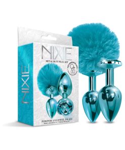 Nixie Metal Butt Plug Set Pom Pom And Jewel-Inlaid Metallic Blue