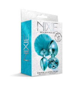 Nixie Metal Butt Plug Set Pom Pom And Jewel-Inlaid Metallic Blue