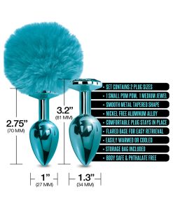 Nixie Metal Butt Plug Set Pom Pom And Jewel-Inlaid Metallic Blue