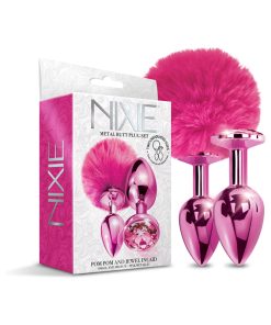 Nixie Metal Butt Plug Set Pom Pom And Jewel-Inlaid Metallic Pink