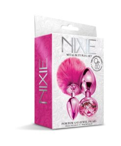Nixie Metal Butt Plug Set Pom Pom And Jewel-Inlaid Metallic Pink
