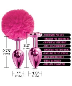 Nixie Metal Butt Plug Set Pom Pom And Jewel-Inlaid Metallic Pink