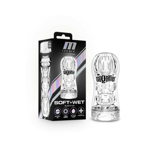 M For Men Soft + Wet Magnifier Self-Lubricating See-Through Stroker Clear