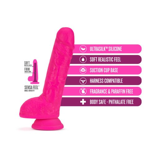 Neo Elite 9 In. Silicone Dual Density Dildo With Balls Neon Pink - Image 5